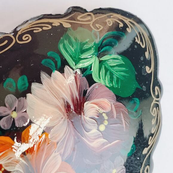 Unusual VTG Signed Russian Brooch Hand Painted Lacquer Papier Mache Floral Folk - Picture 5 of 10